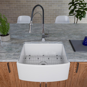 ALFI Brand ABFC2420-W Smooth Curved Apron One Bowl Fireclay Farm Sink with Grid