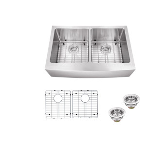 Cahaba CA231132 16 Gauge Double Bowl Apron Front Kitchen Sink With Grid Set