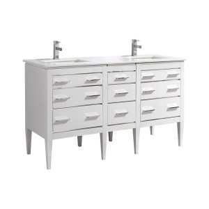 KubeBath E60-GW Eiffel 60'' Double Sink White Vanity w/ Quartz Counter Top