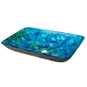 Eden Bath EB_GS62 Blue and Green Water Lilies Rectangular Glass Vessel Sink