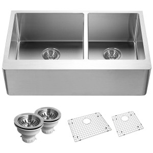Houzer END-3360SR Epicure Series Apron Front 60/40 Double Bowl Kitchen Sink