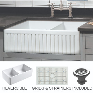 Empire SP33DG 33 x 18 Inch Fluted Edge Front Fireclay Farmhouse Double Bowl Kitchen Sink and Grid