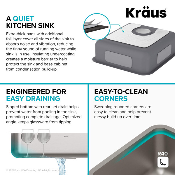 Kraus KA1AS17B Dex 17” Undermount 16 Gauge Stainless  Single ADA Kitchen Sink