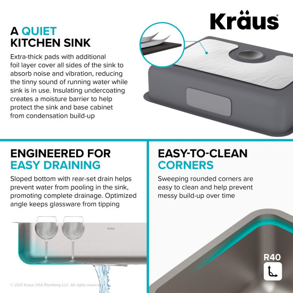 Kraus KA1AS25B Dex 25” Undermount 16 Gauge Stainless  Single ADA Kitchen Sink