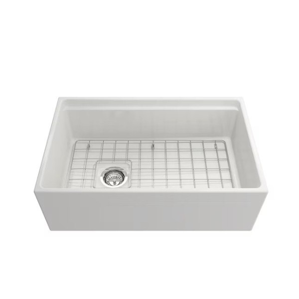 BOCCHI 1344-001-2020SS Step-Rim Apron Front Fireclay 30" 1 Bowl Kitchen Sink Kit