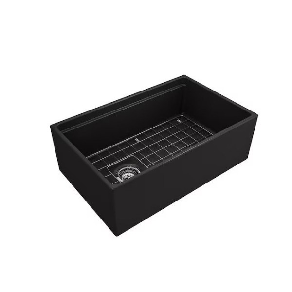 BOCCHI 1344-004-2020MB Step-Rim Apron Front Fireclay 30" 1 Bowl Kitchen Sink Set