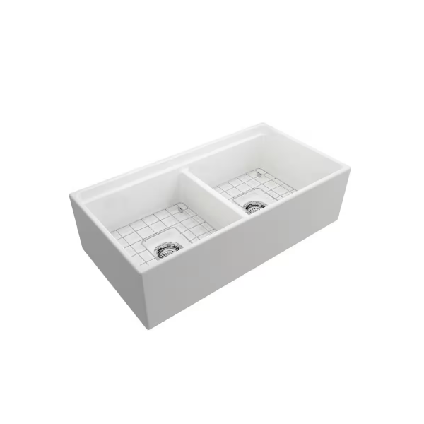 BOCCHI 1348-001-2020CH Step-Rim Apron Front Fireclay 36" 2 Bowl Kitchen Sink Kit