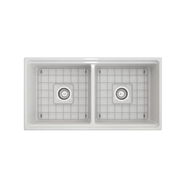 BOCCHI 1348-001-2020CH Step-Rim Apron Front Fireclay 36" 2 Bowl Kitchen Sink Kit