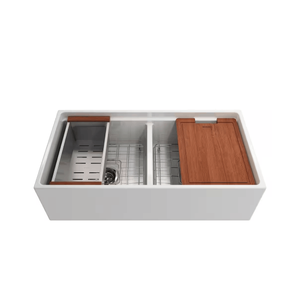 BOCCHI 1348-001-2020CH Step-Rim Apron Front Fireclay 36" 2 Bowl Kitchen Sink Kit