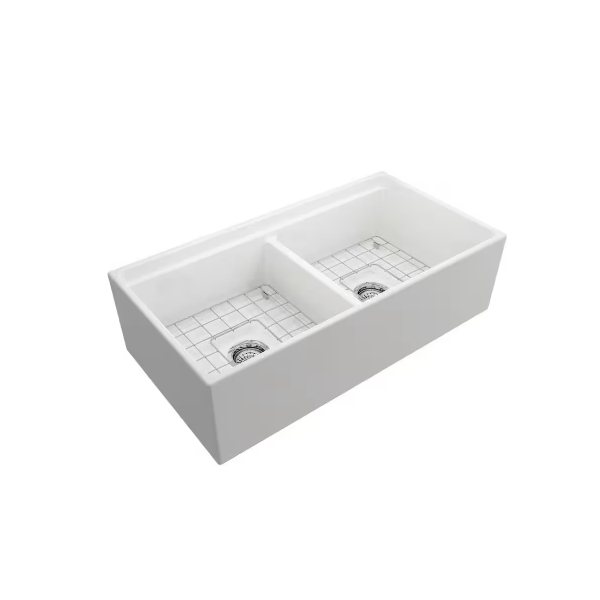 BOCCHI 1348-001-2020SS Step-Rim Apron Front Fireclay 36" 2 Bowl Kitchen Sink Kit
