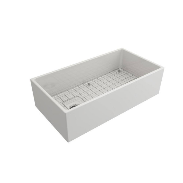 BOCCHI 1354-001-2020SS Apron Front Fireclay 36 Inch Single Bowl Kitchen Sink Kit