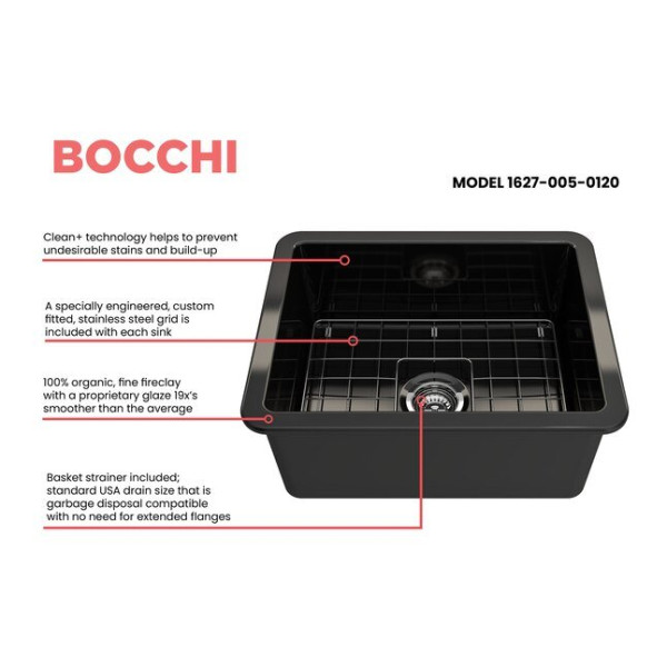 BOCCHI 1627-005-0120 Dual-Mount Fireclay 24 in. Bowl Kitchen Sink In Black