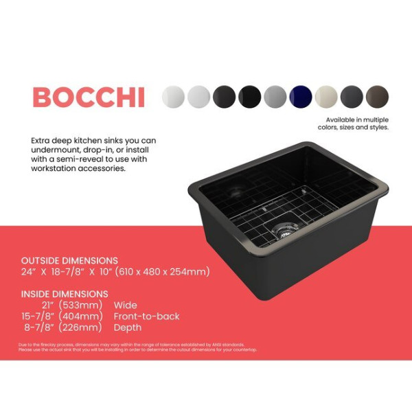 BOCCHI 1627-005-0120 Dual-Mount Fireclay 24 in. Bowl Kitchen Sink In Black