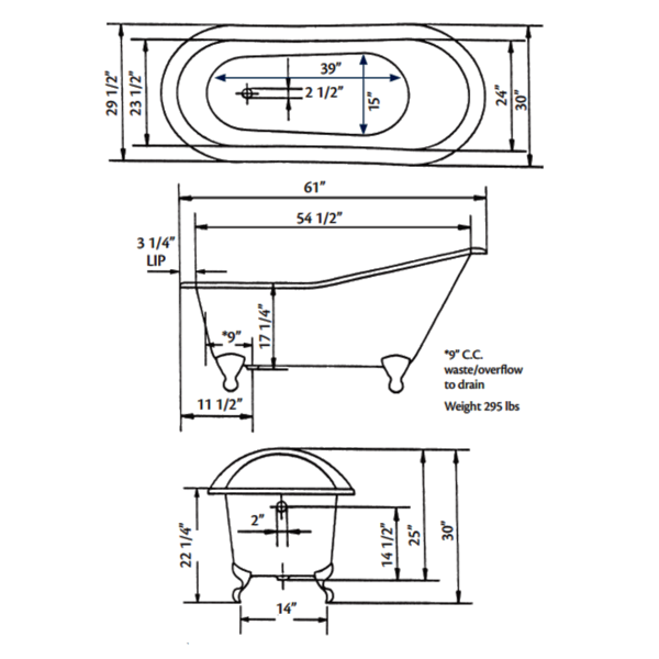 Cheviot 2108-WW Slipper Cast Iron Bathtub with Continuous Rolled Rim