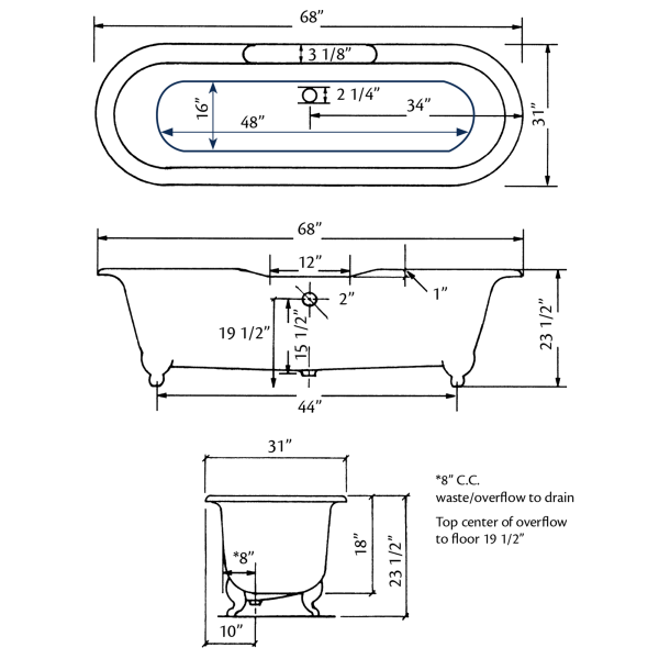 Cheviot 2110-BB-6 Regal Bathtub  with Flat Area Pre-drilled Holes at 6"