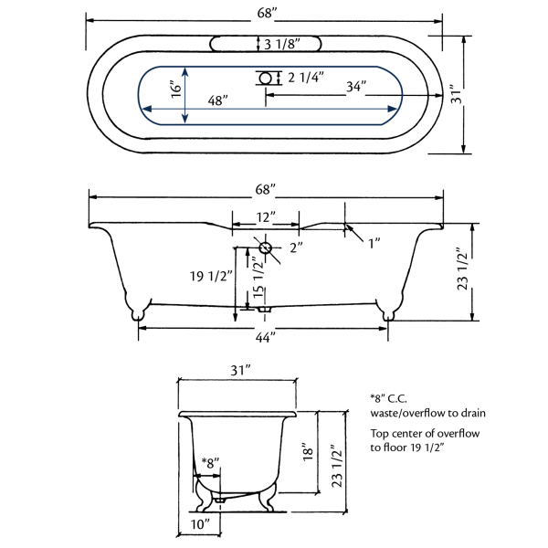 Cheviot 2110-BB-7 Regal Biscuit Cast Iron Bathtub with Flat Area for Faucet Hole