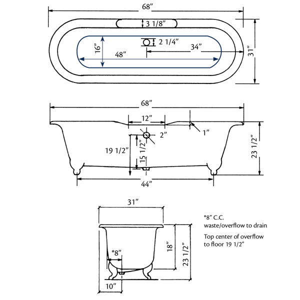 Cheviot 2110-BB-8 Biscuit Cast Iron Bathtub with Flat Area for Faucet Holes 8 Inch Drilling