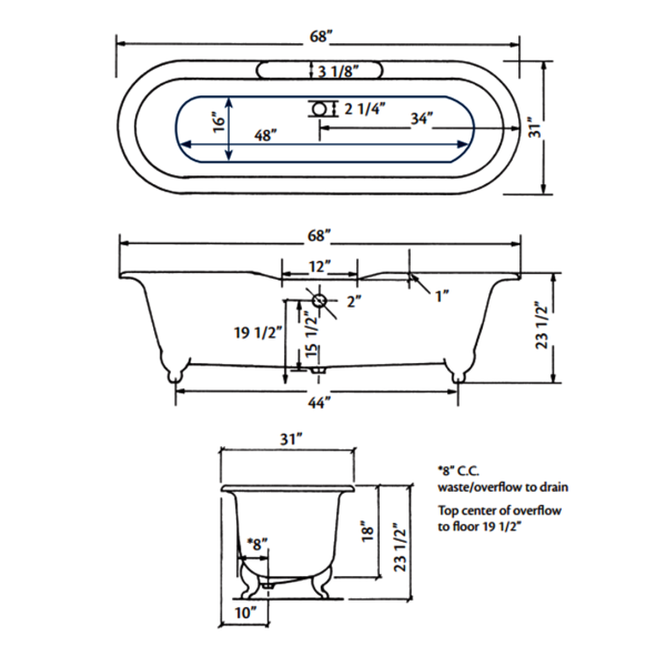 Cheviot 2110-WW-8 Regal Bathtub with Flat Area Pre-drilled Holes at 8"