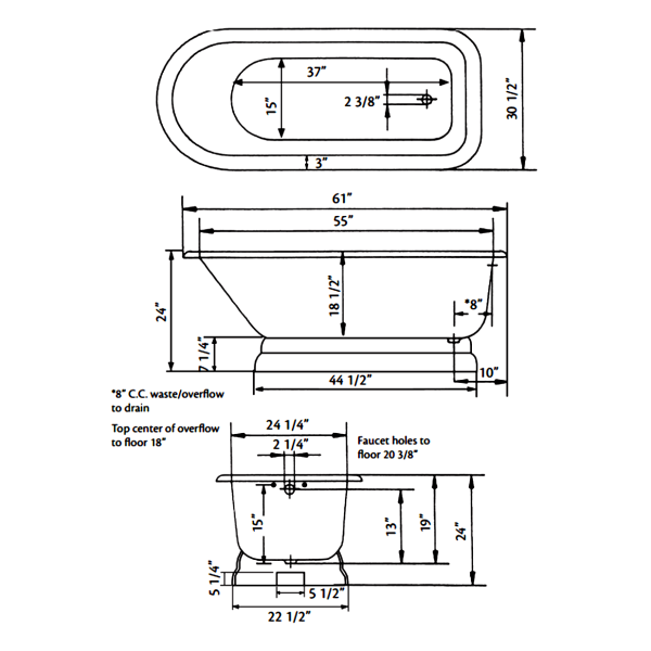 Cheviot 2116-WW Bathtub with Pedestal Base and Faucet Holes in Wall Of Tub