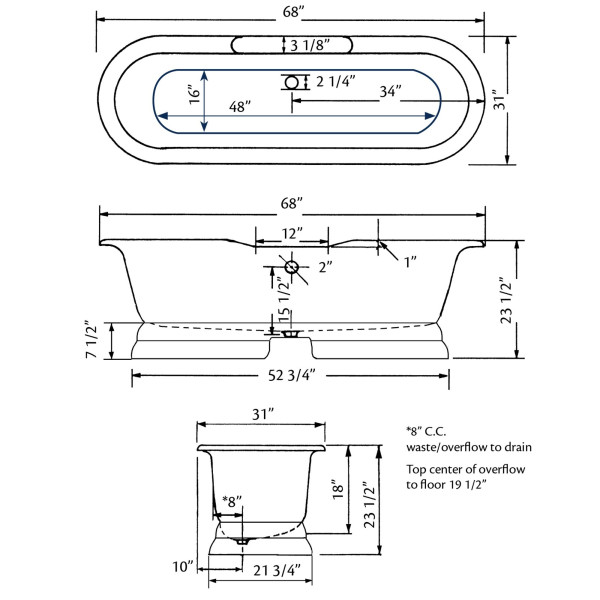 Cheviot 2120-BB-7 Regal Cast Iron Bathtub with Pedestal Base and 7 Inch Drilling