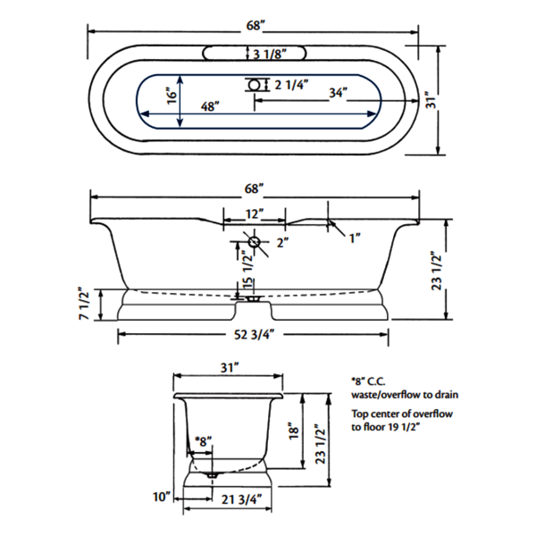 Cheviot 2120-WW-7 Bathtub with Flat Area For Faucet Holes - 7'' Drilling