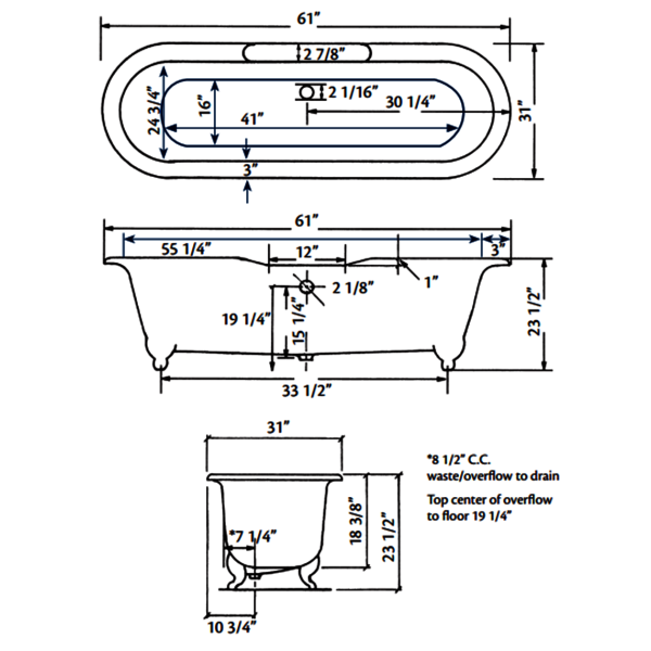 Cheviot 2126-WW-6 Regal Bathtub with Flat Area Pre-drilled Holes at 6"