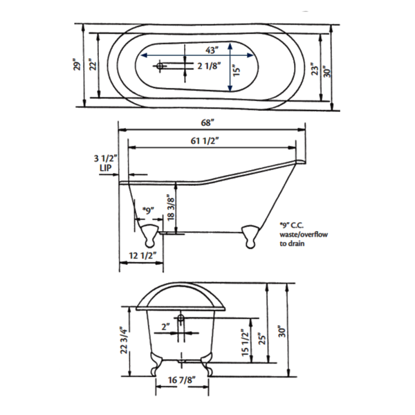 Cheviot 2132-WW Slipper Cast Iron Bathtub with Continuous Rolled Rim