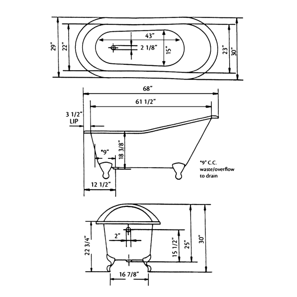 Cheviot 2134-WW-..-6 Bathtub with Flat Area for Faucet Holes - 6" Drilling