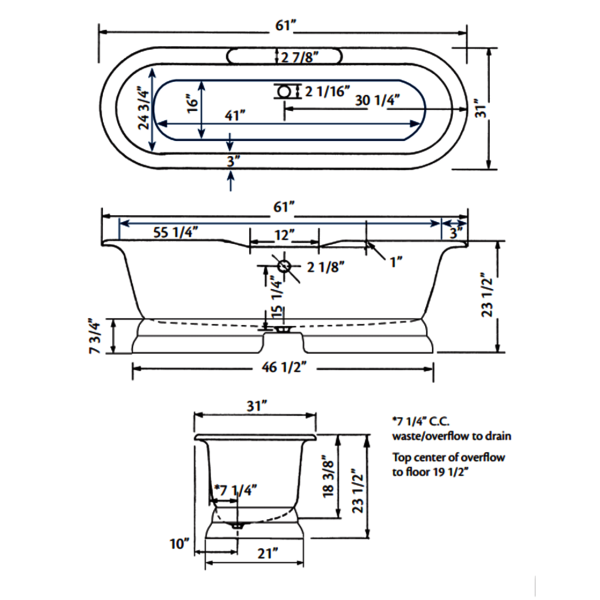 Cheviot 2138-WW-6 Bathtub with Flat Area For Faucet Holes - 6'' Drilling