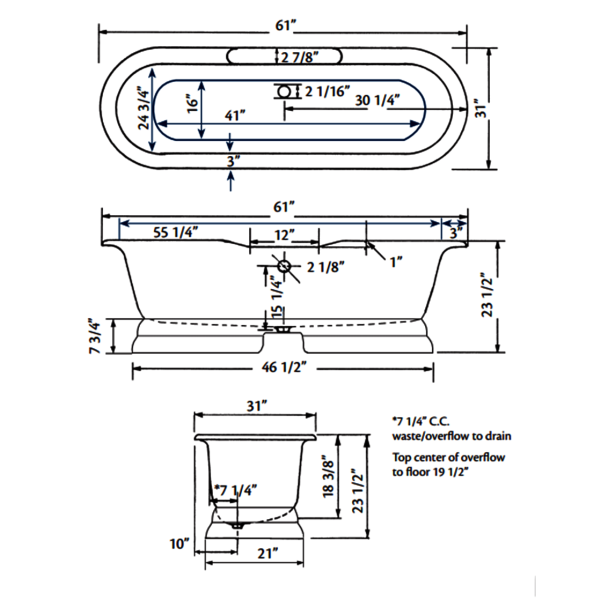 Cheviot 2138-WW-7 Bathtub with Flat Area For Faucet Holes - 7'' Drilling