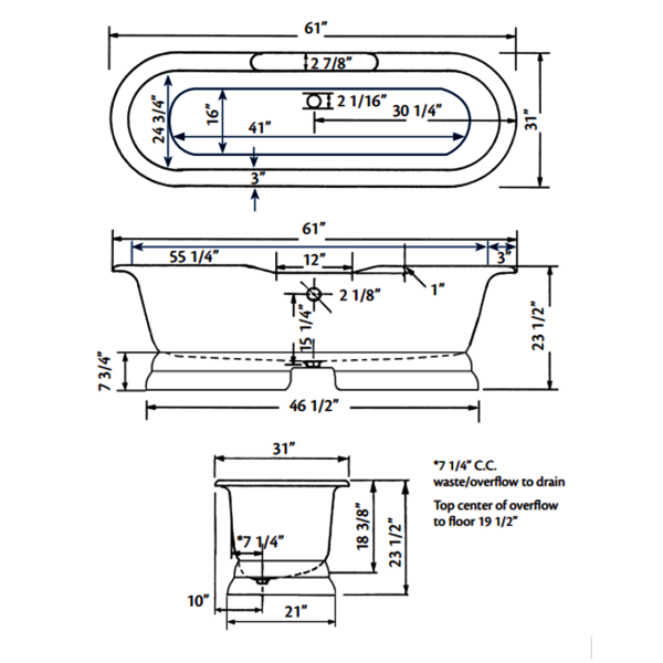 Cheviot 2138-WW-8 Bathtub with Flat Area For Faucet Holes - 8'' Drilling