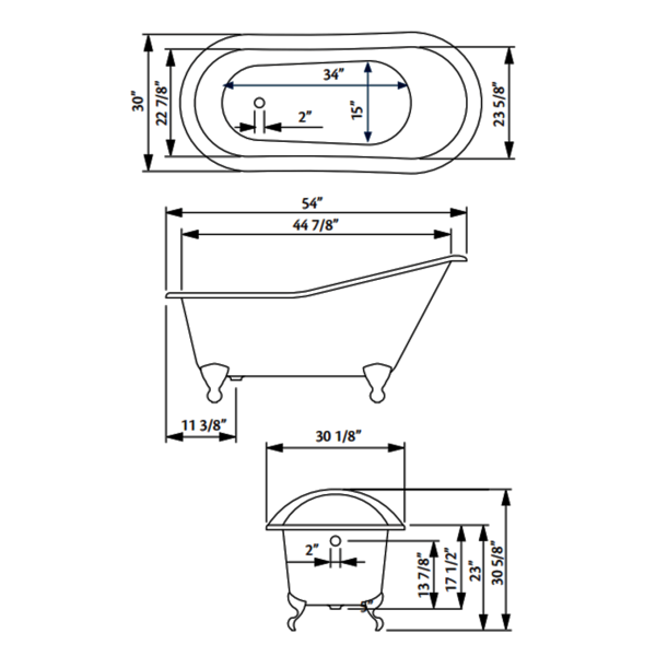 Cheviot 2144-WW Slipper Cast Iron Bathtub with Continuous Rolled Rim