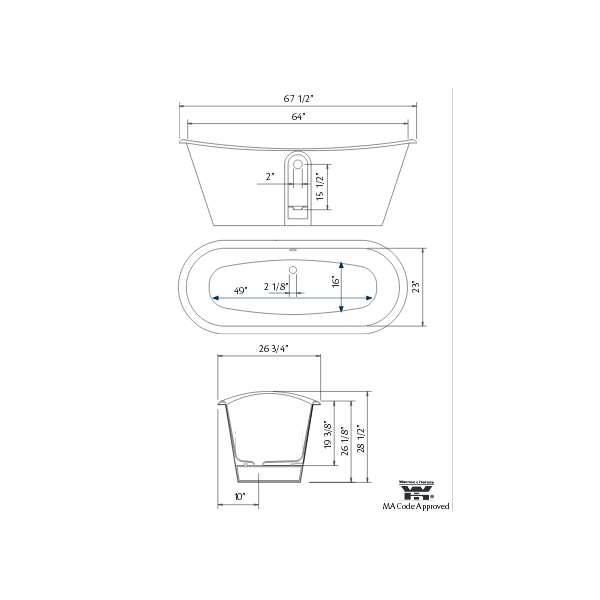 Cheviot 2155-WW Iris Oval Cast Iron Bathtub without Faucet Holes