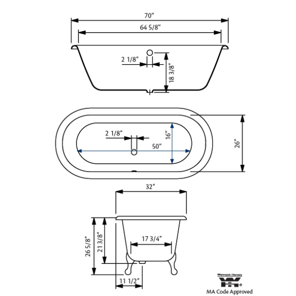 Cheviot 2160-WW-8 Bathtub with Flat Area For Faucet Holes - 7" Drilling
