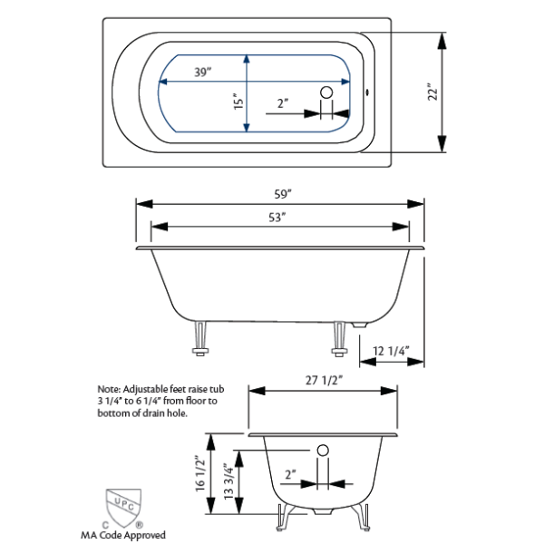 Cheviot 2187-WU-FT Freestanding Drop in Cast Iron Bathtub