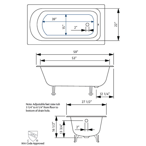 Cheviot 2190-WU-FT Freestanding Drop in Cast Iron Bathtub