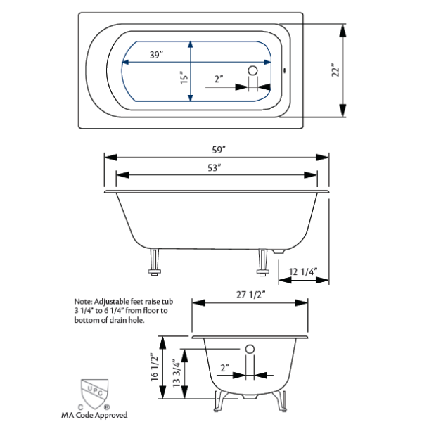 Cheviot 2193-WU-FT Drop in Cast Iron Bathtub