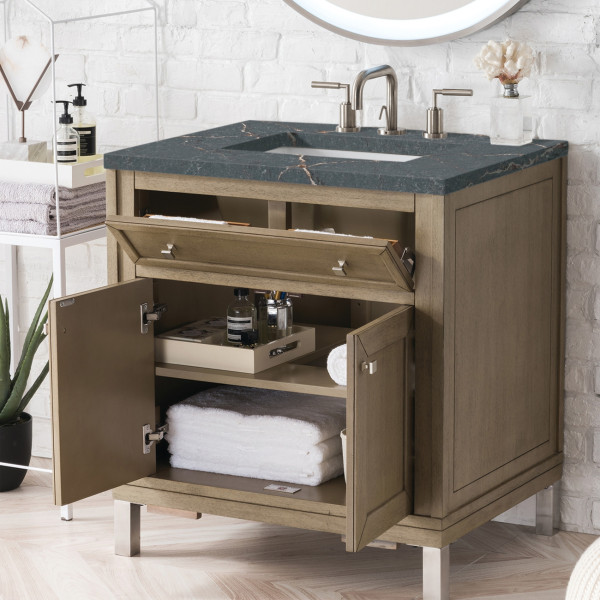 James Martin 305-V30-WWW-3PBL Whitewashed Walnut Vanity Parisien Bleu Quartz Top
