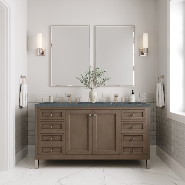 James Martin 305-V60D-WWW-3PBL Vanity Whitewashed Walnut W/ Parisien Bleu Top