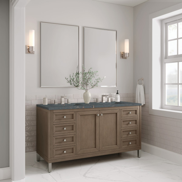 James Martin 305-V60D-WWW-3PBL Vanity Whitewashed Walnut W/ Parisien Bleu Top