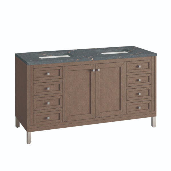 James Martin 305-V60D-WWW-3PBL Vanity Whitewashed Walnut W/ Parisien Bleu Top