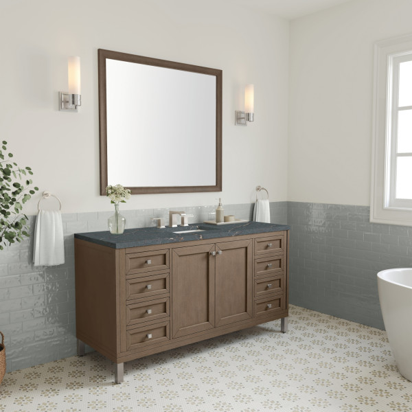 James Martin 305-V60S-WWW-3PBL Vanity Whitewashed Walnut w/ Parisien Bleu Top