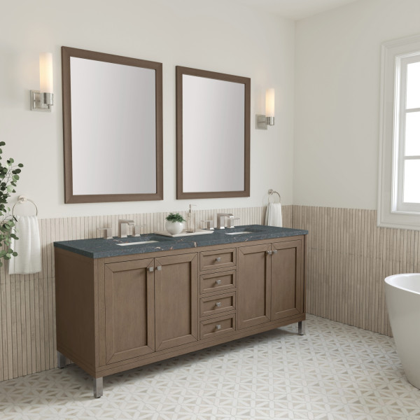 James Martin 305-V72-WWW-3PBL 72" Vanity Whitewashed Walnut w/ Parisien Bleu Top