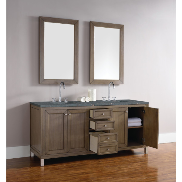 James Martin 305-V72-WWW-3PBL 72" Vanity Whitewashed Walnut w/ Parisien Bleu Top