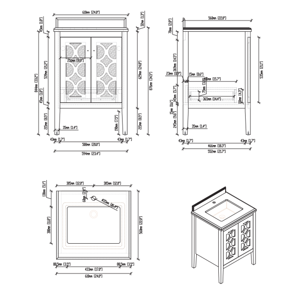 Laviva 313MKSH-24-WC Mediterraneo 24" Bathroom Vanity with White Carrara Marble Countertop