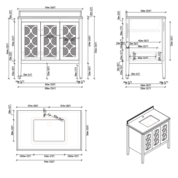 Laviva 313MKSH-36-WC Mediterraneo 36" Bathroom Vanity with White Carrara Marble Countertop