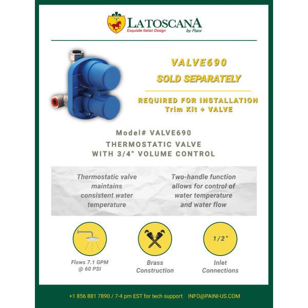 Latoscana 3TCR690 Thermostatic Valve And Trim w/ Disc Volume Control In Chrome