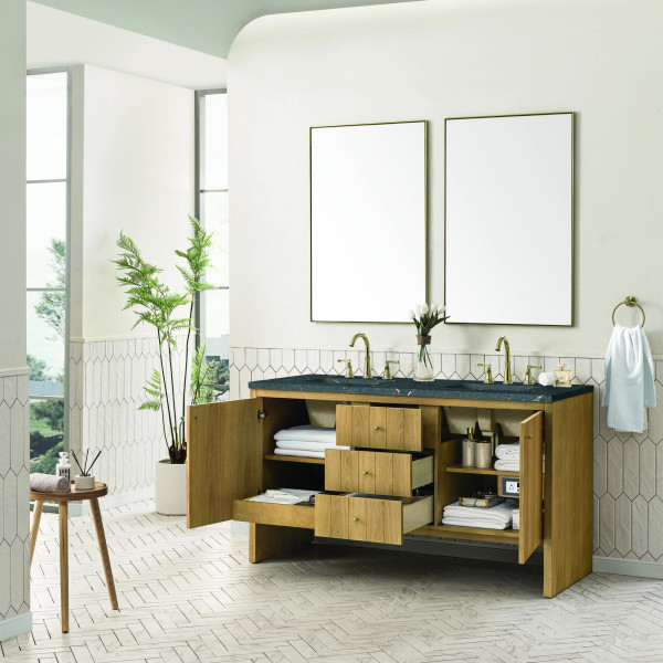James Martin 435-V60D-LNO-3PBL 60" Vanity Light Natural Oak w/ Parisien Bleu Top