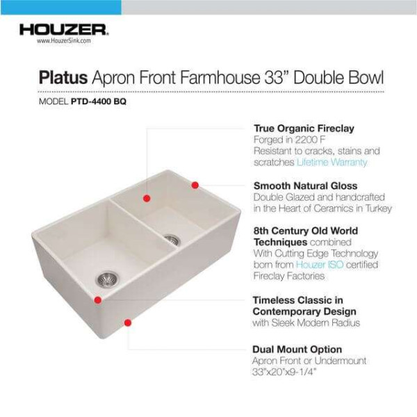 Houzer PTD-4400 Platus 33" Fireclay Undermount Double Bowl Kitchen Sink