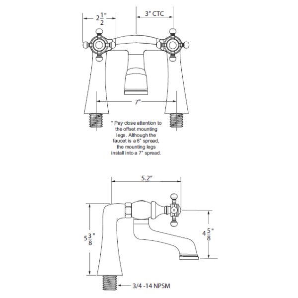 Cheviot 5140 Cross Handles Bathtub Filler for Rim Mount Application